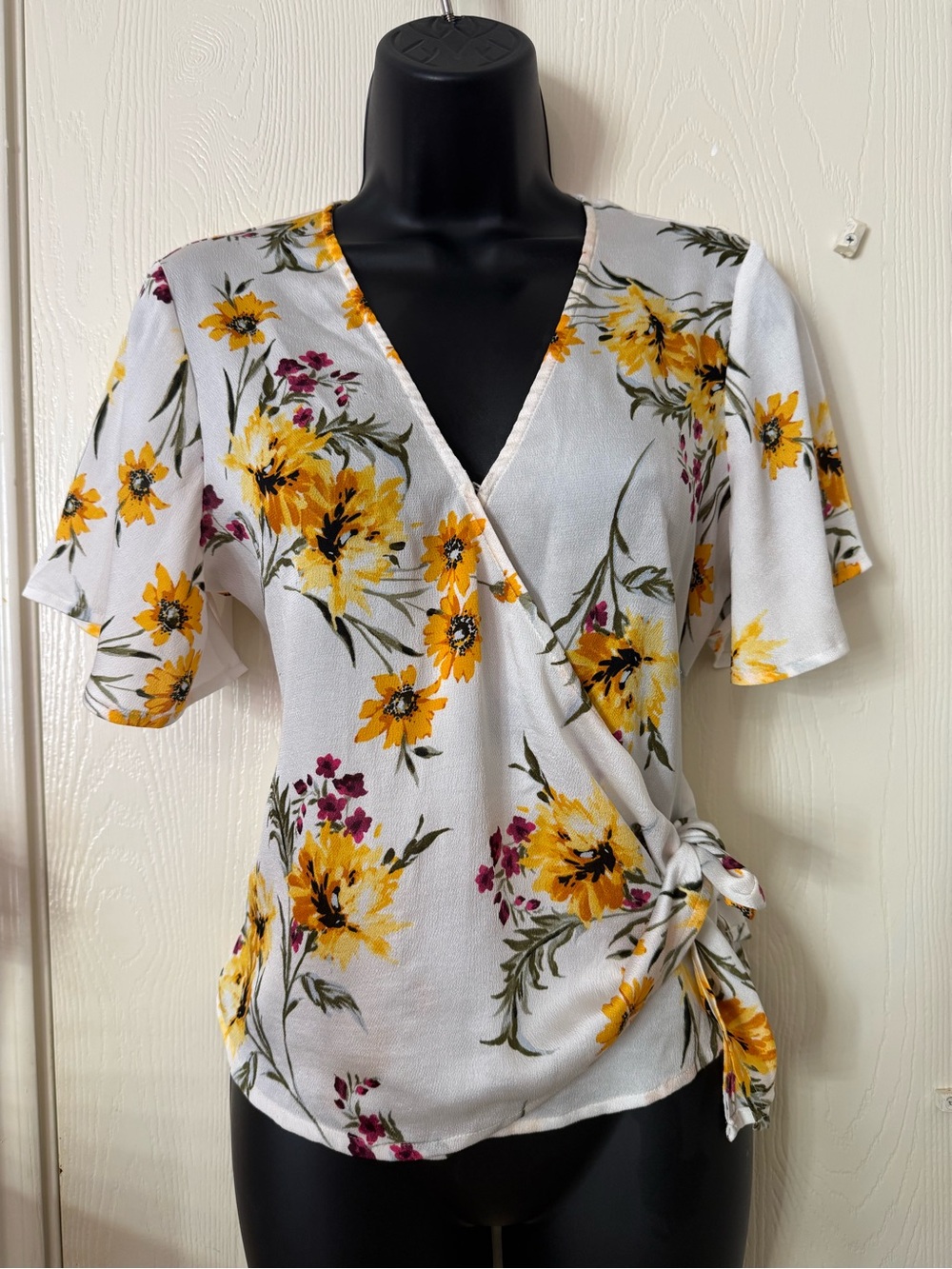 Express White Floral Wrap Top with Yellow Blooms